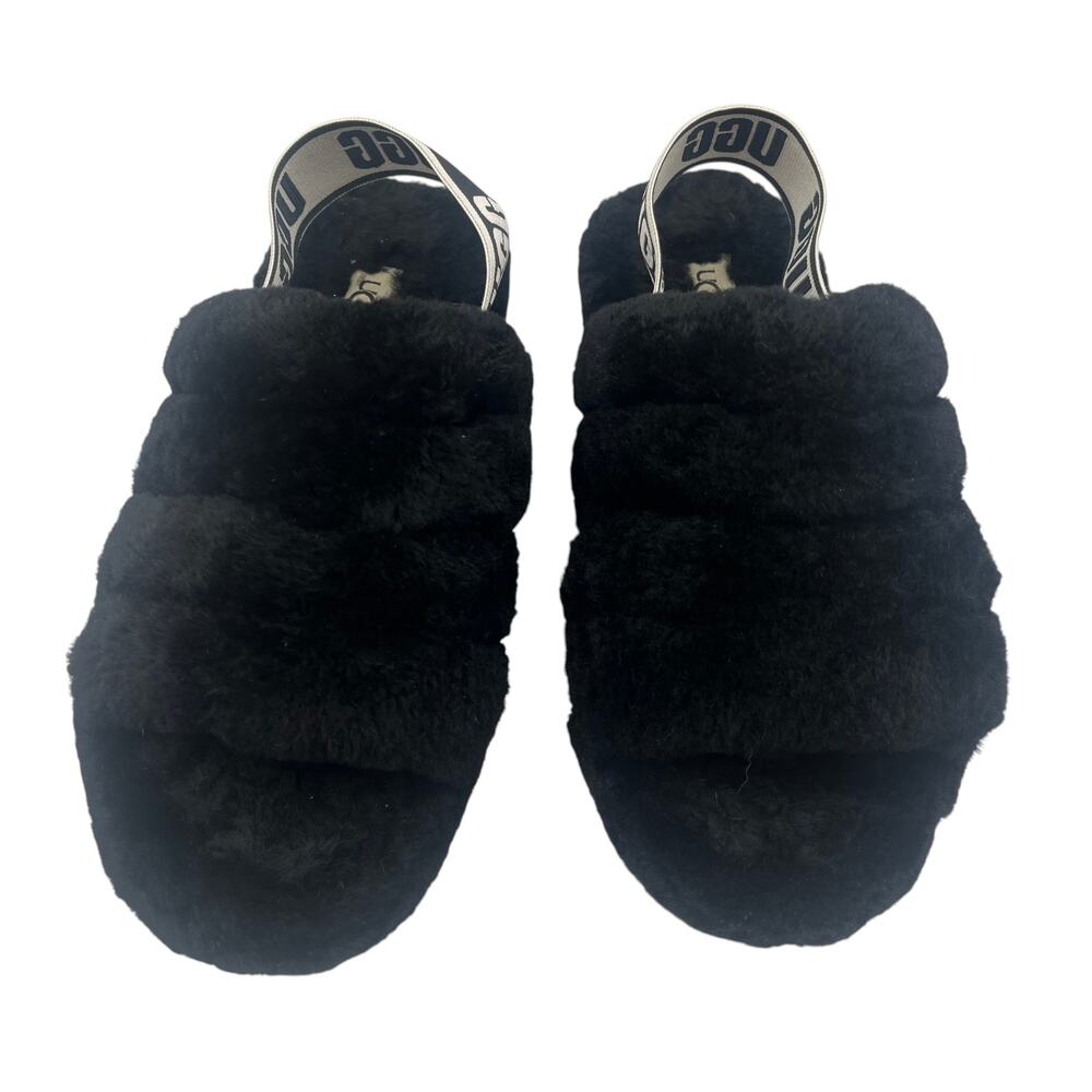 UGG Slides Flat Platform Sandals Fluff Yeah Slingback Fuzzy Plush Black Size 7